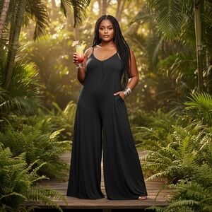 Black Stretch Knit Palazzo Wide Leg Pull On Jumpsuit